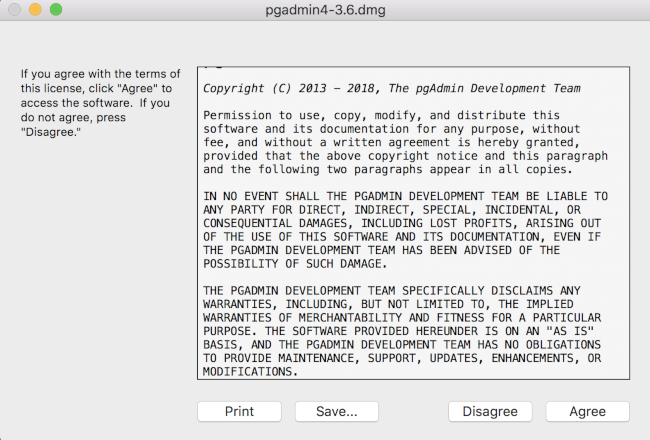 pgAdmin on Mac OS X installer license agreement dialog