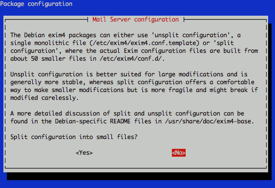 Exim4 mail configuration file specification on Debian 6 (Squeeze).