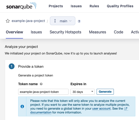 Generating a token for a new SonarQube project