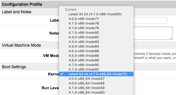 Select the latest 64-bit kernel from the dropdown menu.
