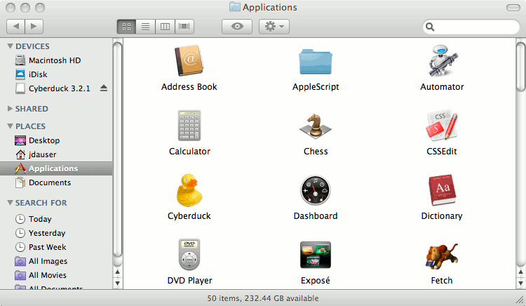 Cyberduck in the Applications folder on Mac OS X.