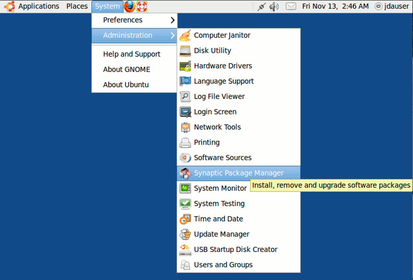 Launching Synaptic on Ubuntu 9.10 desktop edition.