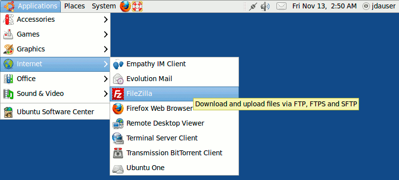 Menu entry for Filezilla on Ubuntu 9.10 desktop edition.