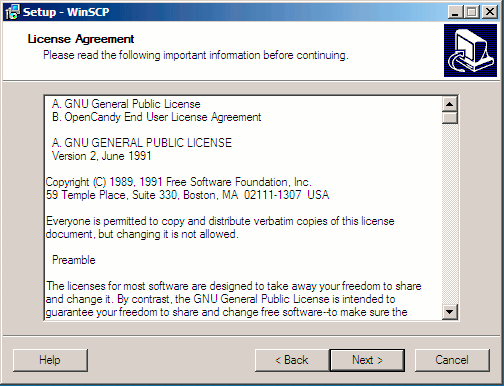 WinSCP setup wizard license agreement screen.