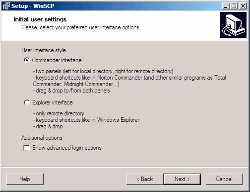 WinSCP setup wizard user interface style selection screen.