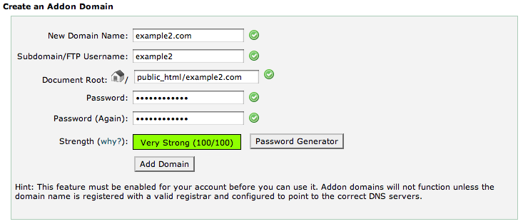 cPanel addon domain screen.