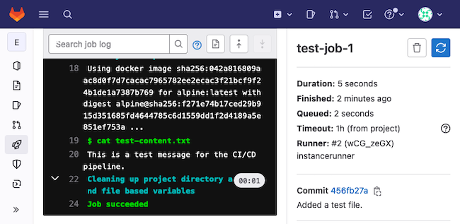 Example results for a test job from an autoscaling runner