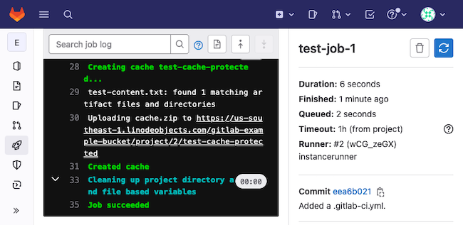 Output from a GitLab CI/CD job after caching a file on S3