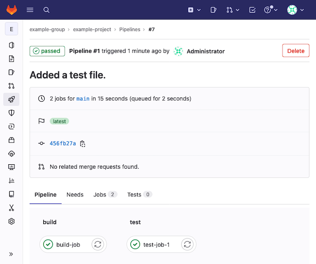 GitLab pipeline page with the example pipeline jobs