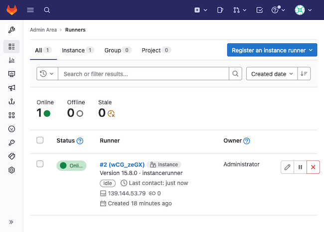A shared runner listed in the GitLab instance administrator interface