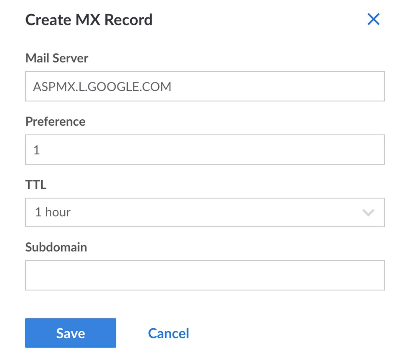 Screenshot depicting the Add MX Record form within the Linode DNS Manager