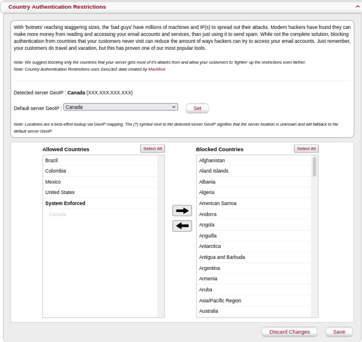 Screenshot of country authentication restrictions page