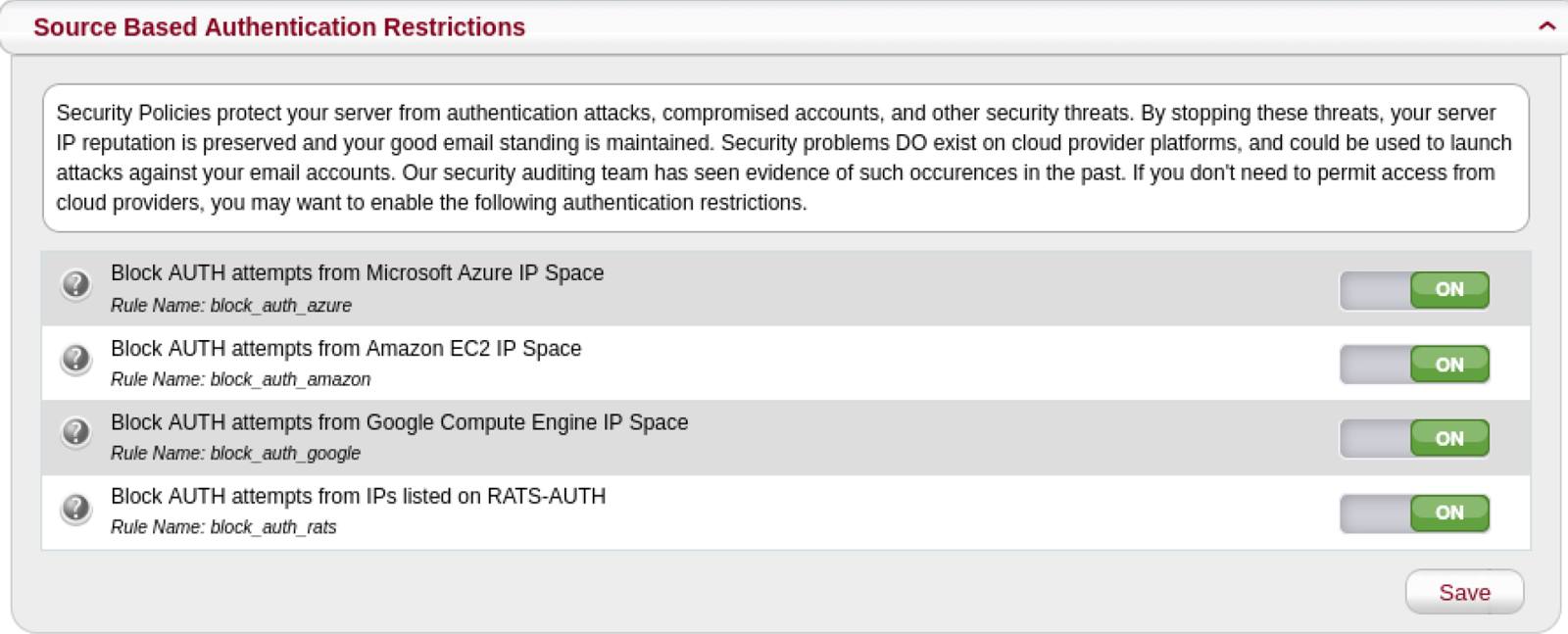 Screenshot of source based authentication restrictions page