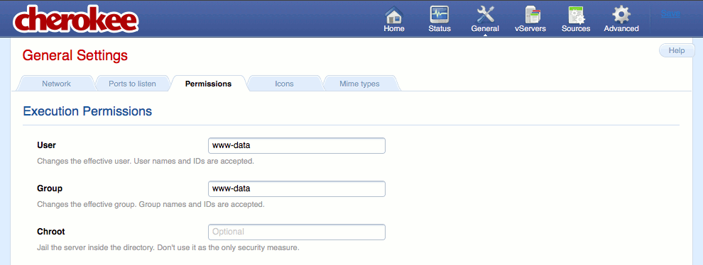 Permissions tab on the general page of the Cherokee admin panel on Fedora 13.