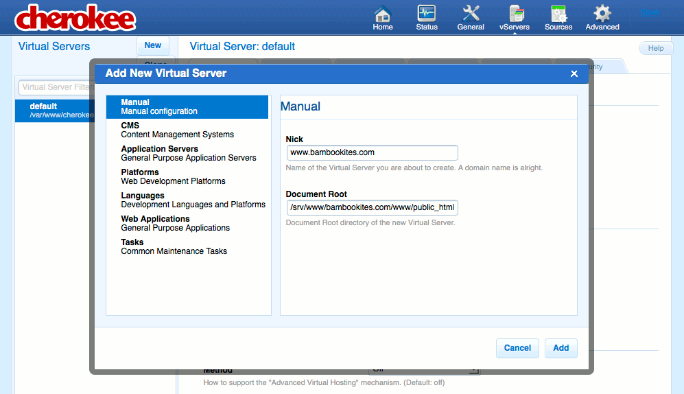 Adding a new virtual server on the vServers page of the Cherokee admin panel on Fedora 13.