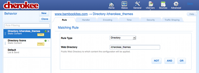 Deleting rules on the Rule tab of the vServers page of the Cherokee admin panel on Fedora 13.