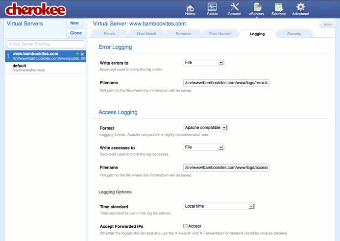 Specifying logging settings on the “Logging” tab of the vServers page of the Cherokee admin panel on Fedora 13.