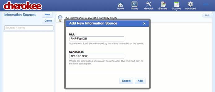 Creating a new information source on the “Sources” page of the Cherokee admin panel on Fedora 13.
