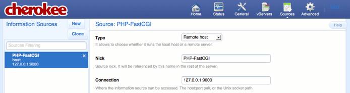A newly created information source on the “Sources” page of the Cherokee admin panel on Fedora 13.