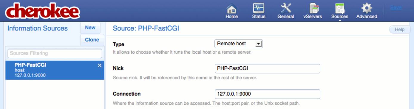 A newly created information source on the “Sources” page of the Cherokee admin panel on Fedora 13.