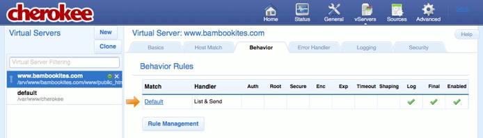 The “Behavior” tab on the “vServers” page of the Cherokee admin panel on Fedora 13.