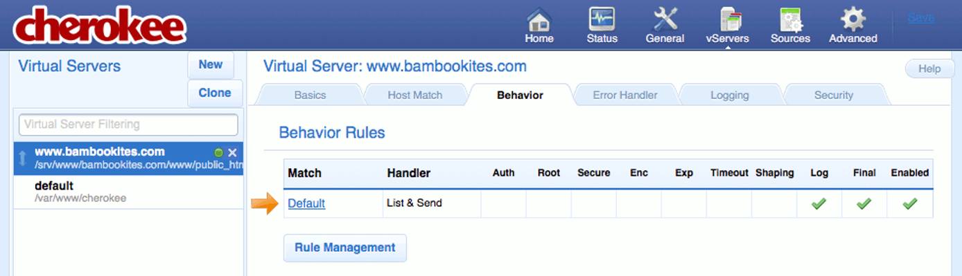 The “Behavior” tab on the “vServers” page of the Cherokee admin panel on Fedora 13.