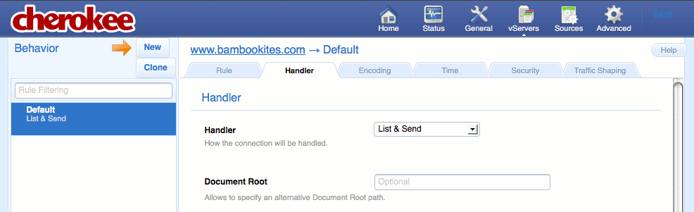 The “Handler” tab on the “vServers” page of the Cherokee admin panel on Fedora 13.
