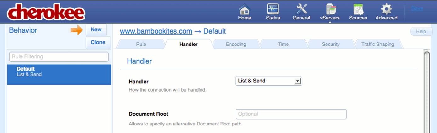 The “Handler” tab on the “vServers” page of the Cherokee admin panel on Fedora 13.