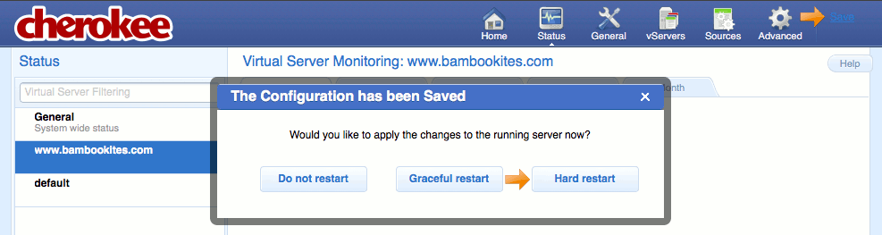 Saving changes and restarting the web server in the Cherokee admin panel on Fedora 13.
