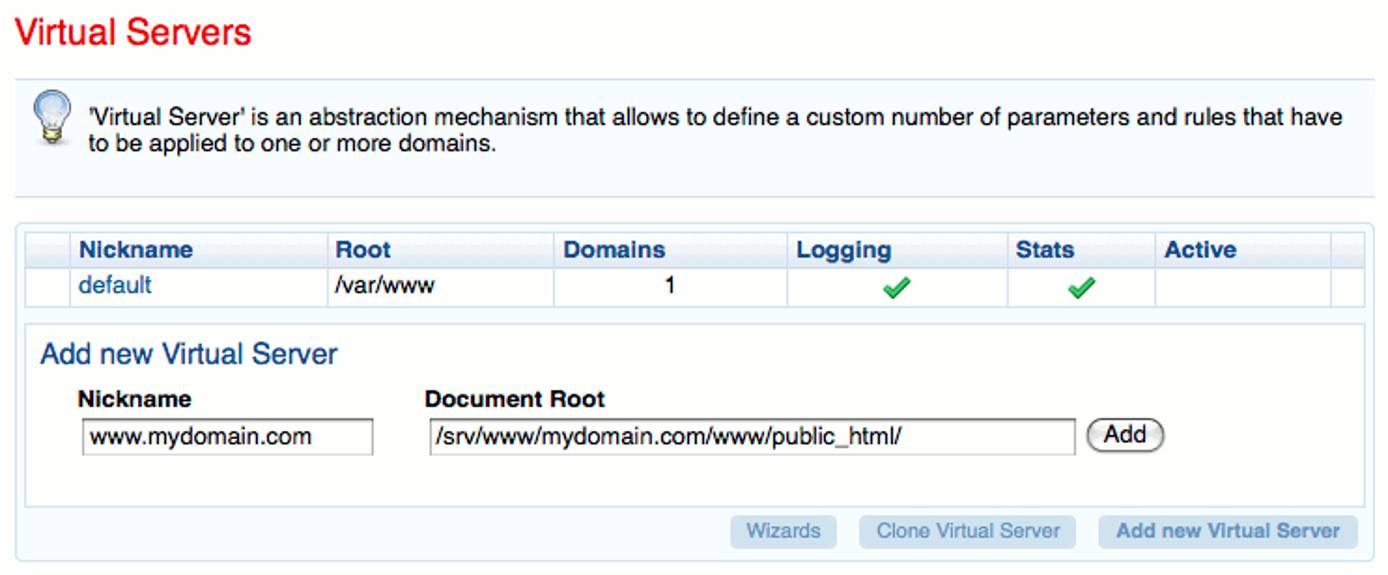 New virtual server basic settings in Cherokee admin panel on Ubuntu 10.04 LTS