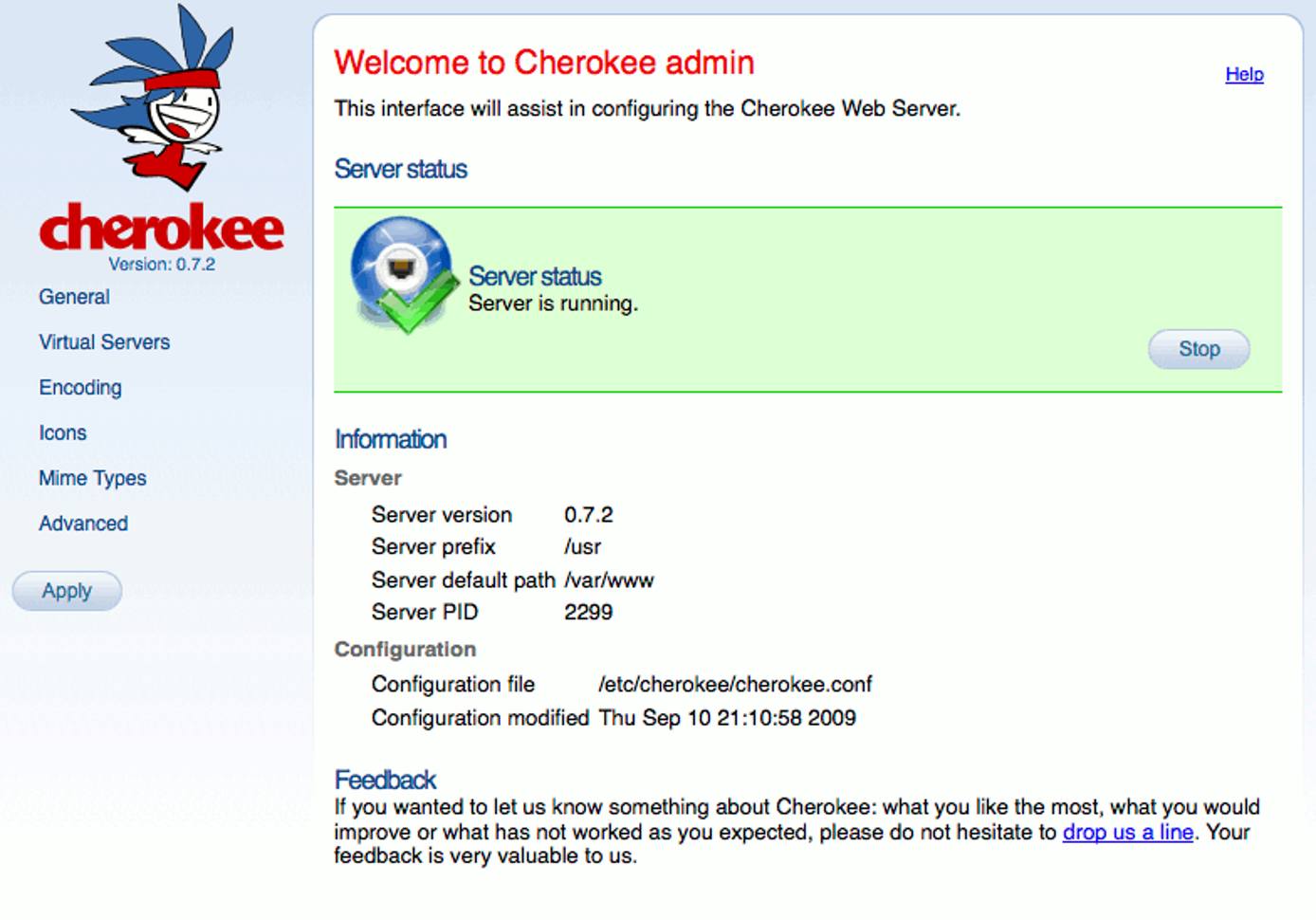 The cherokee-admin web server administration interface running on a Linode.