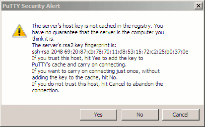 An SSH key alert in PuTTY.