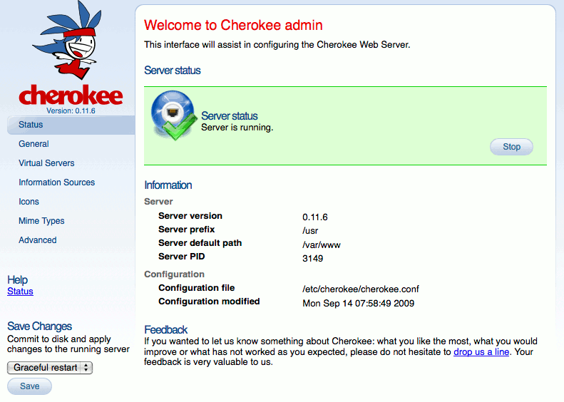 The cherokee-admin web server administration interface running on a Linode.