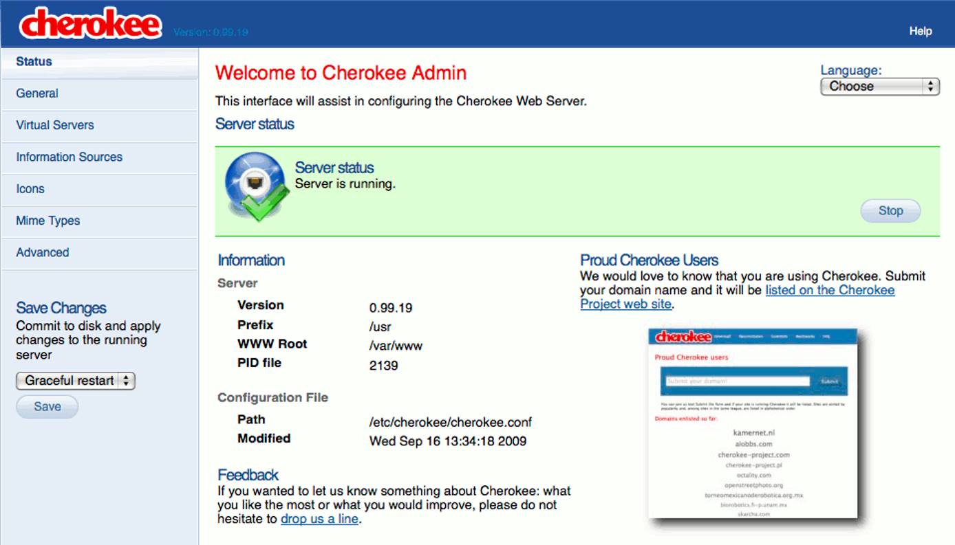 The cherokee-admin web server administration interface running on an Ubuntu Linux 9.10 (Karmic) Linode.