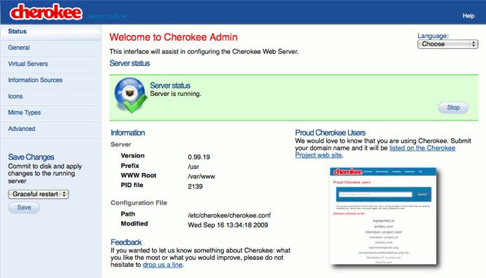 The cherokee-admin web server administration interface running on an Ubuntu Linux 9.10 (Karmic) Linode.