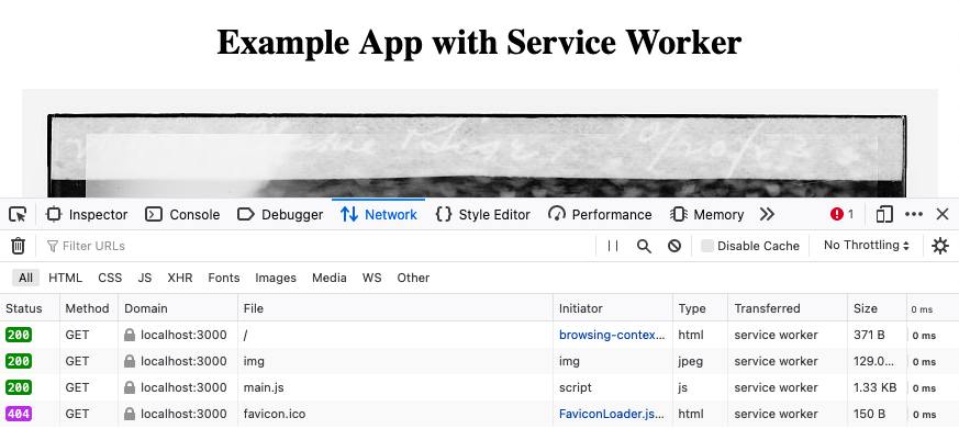 Network information in Firefox for the example service worker application