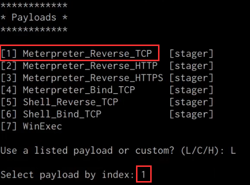 Shellter payload selection menu - select payload by index