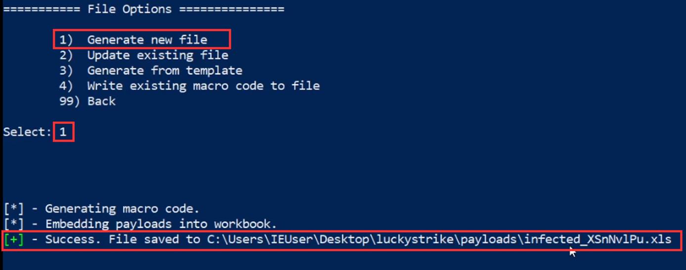 Luckystrike prompt - file options - generate new file highlighted