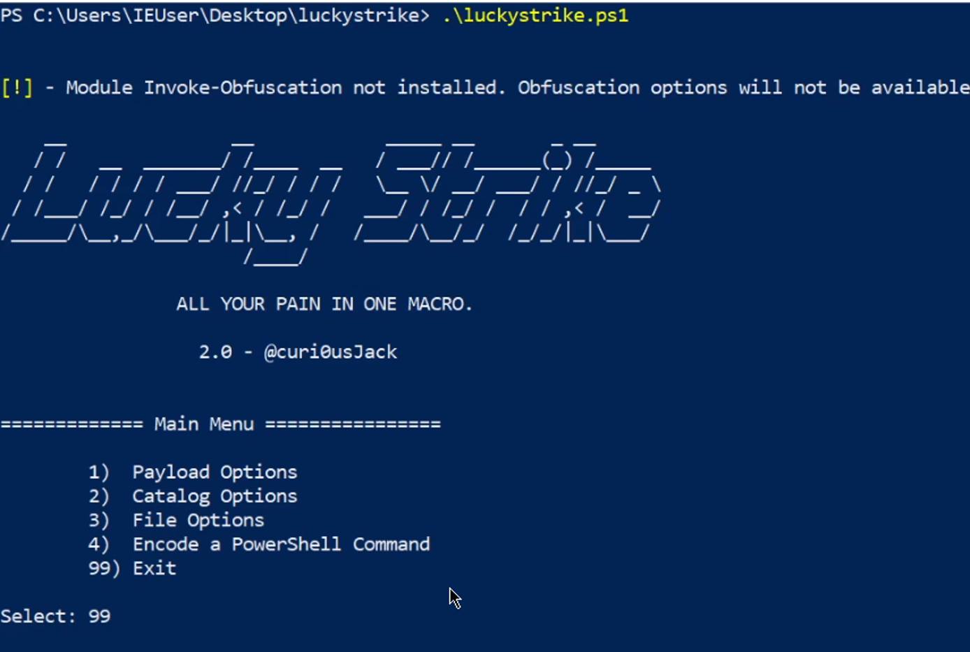 Luckystrike - first prompt shown in terminal