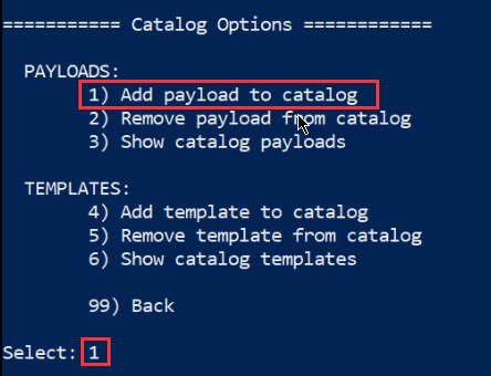 Luckystrike prompt - catalog options - add payload to catalog highlighted
