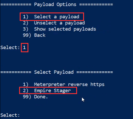 Luckystrike prompt - payload options - select a payload highlighted