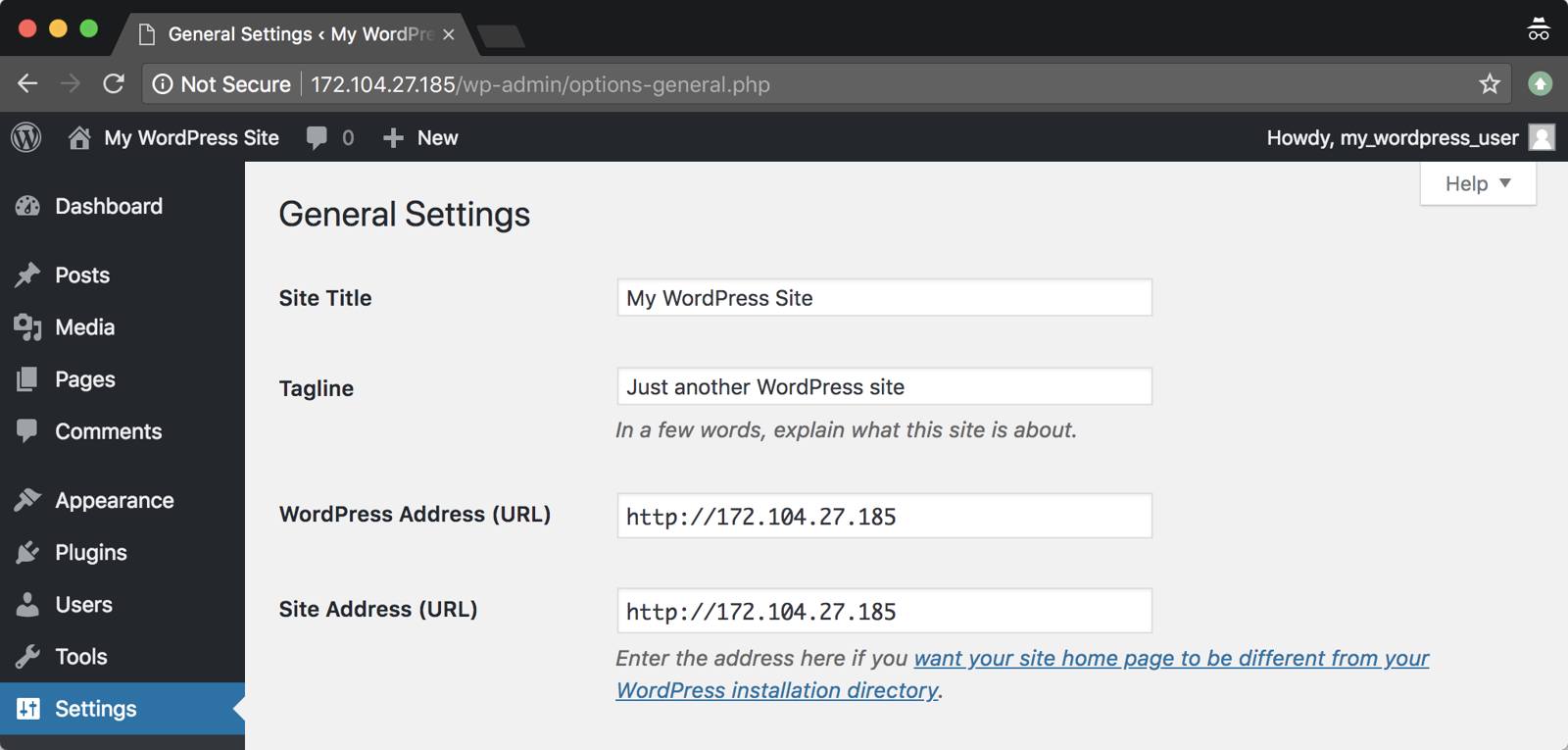 WordPress settings screen in the web browser