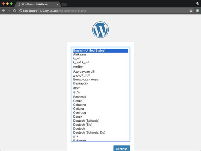 WordPress setup screen in the web browser