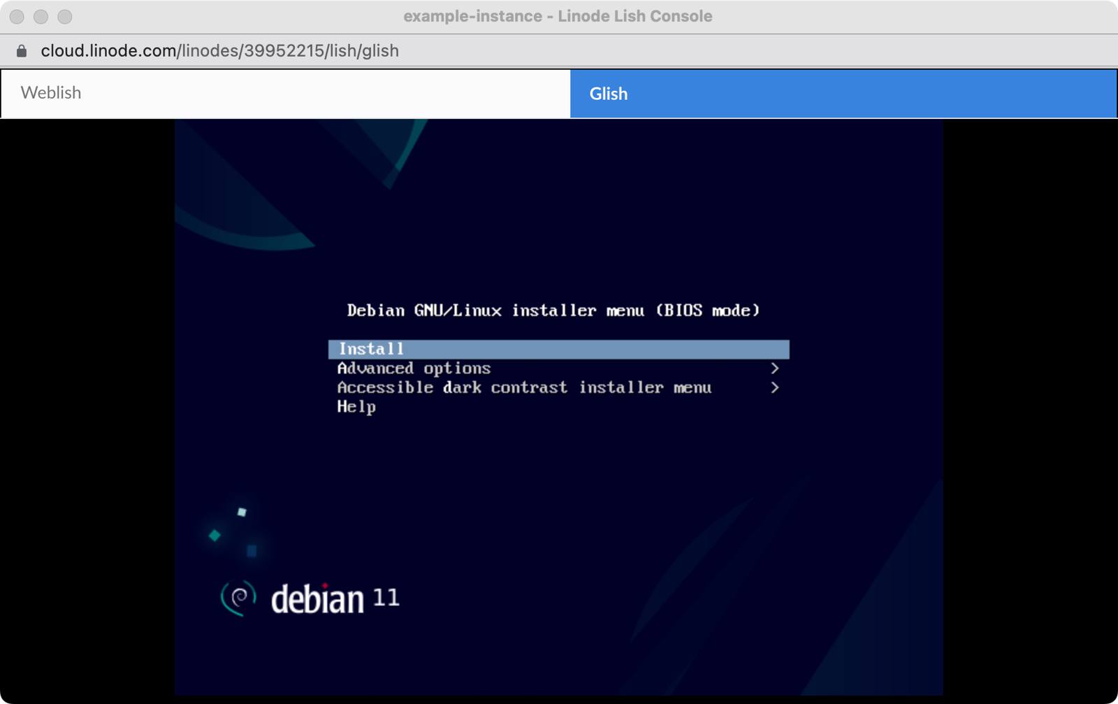 Screenshot of Debian installer in Glish