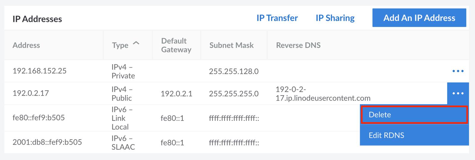 Select &lsquo;Delete&rsquo; option from the IP address menu.