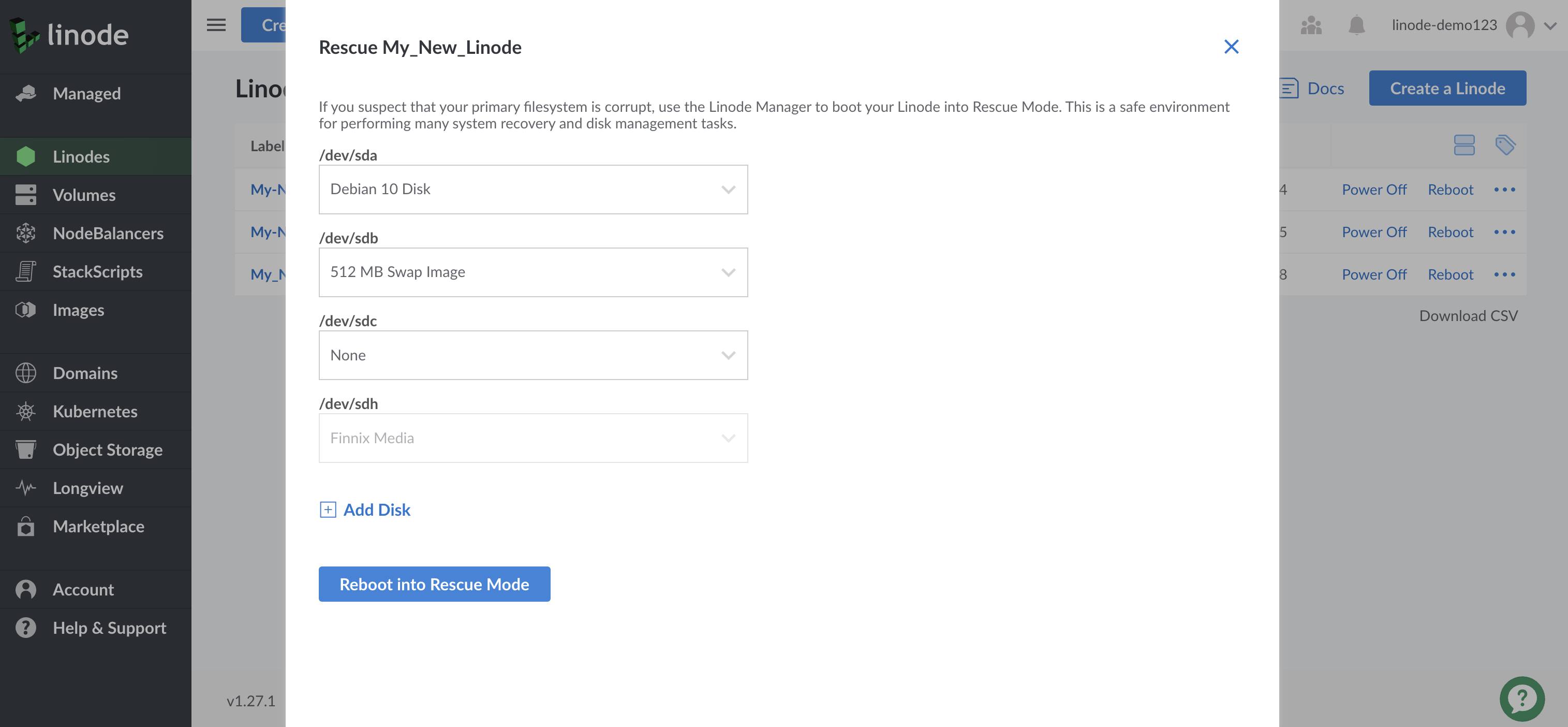 Cloud Manager Rescue form - /dev/sda highlighted