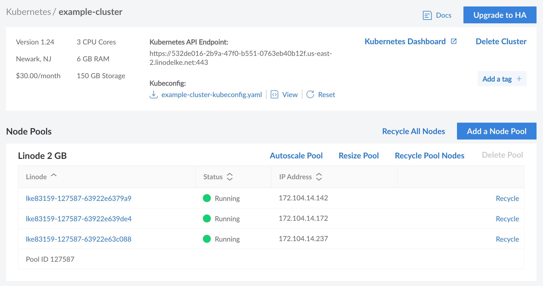 Screenshot of a Kubernetes cluster detail page in the Cloud Manager