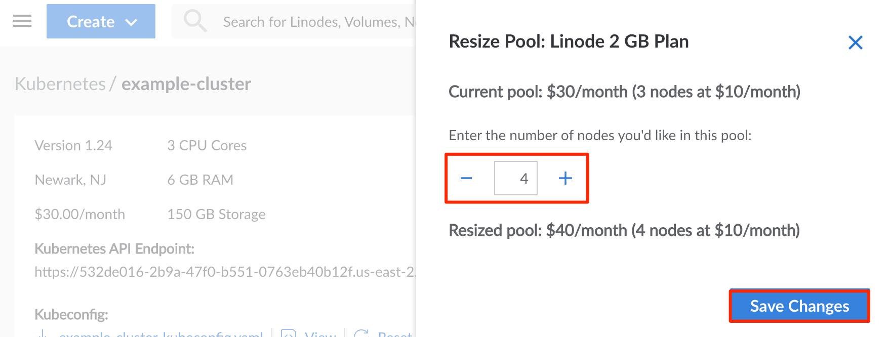 Screenshot of the resize node pool panel in the Cloud Manager