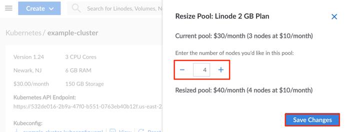 Screenshot of the resize node pool panel in the Cloud Manager