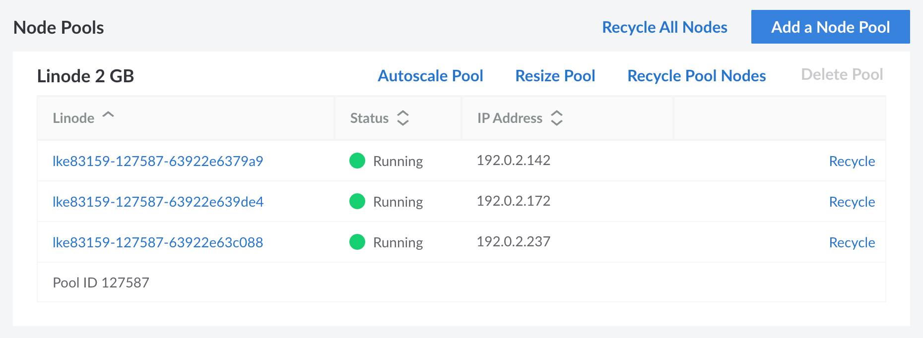 Screenshot of the Node Pools section of a cluster in the Cloud Manager